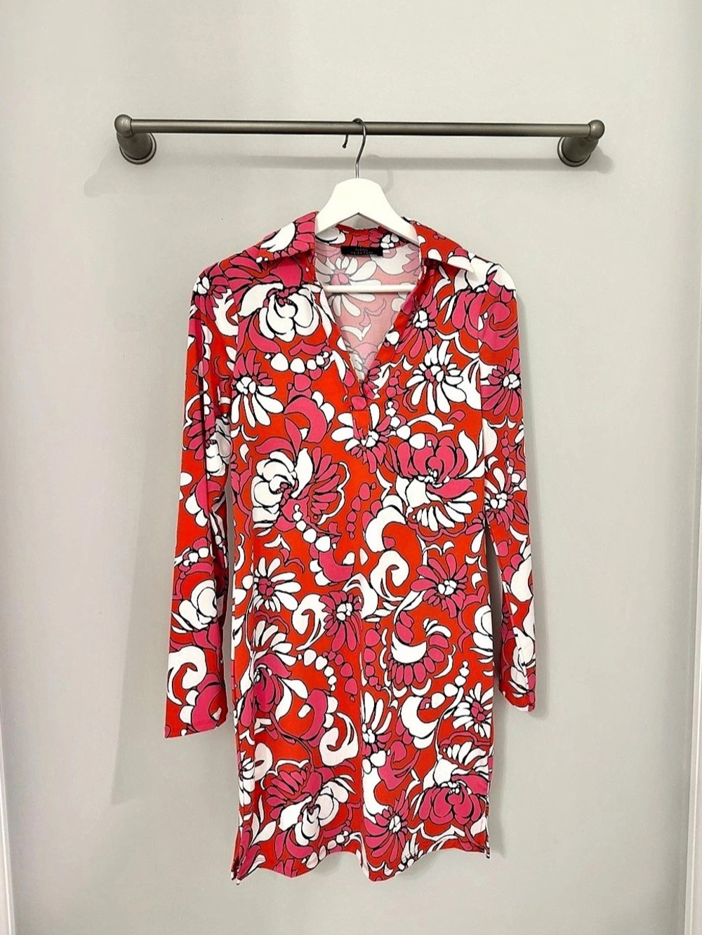Trina Turk Floral Long Sleeve Polo Mini Dress in Red & Pink size S
